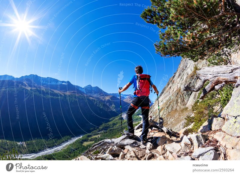 Der Wanderer ruht sich aus und beobachtet ein Bergpanorama. Mont Blanc Ferien & Urlaub & Reisen Abenteuer Expedition Sommer Sonne Berge u. Gebirge wandern Sport