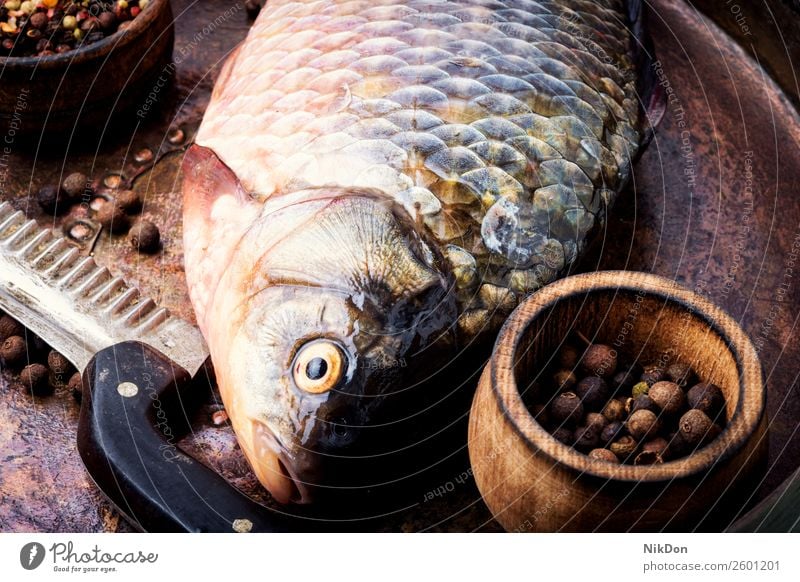 Frischer roher Fisch und Lebensmittelzutaten Karpfen Meeresfrüchte frisch Mahlzeit Bestandteil Gesundheit Essen zubereiten Vorbereitung Tisch Gewürz Salz