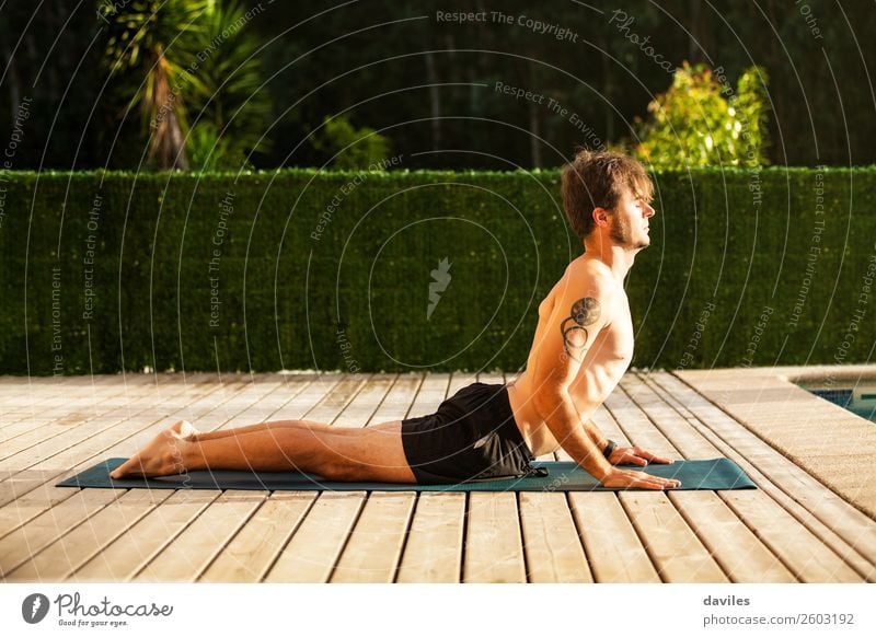 Mann, der Yoga im Freien zu Hause macht. Lifestyle Wellness harmonisch ruhig Meditation Freizeit & Hobby Sommer Mensch maskulin Erwachsene Körper 1 30-45 Jahre