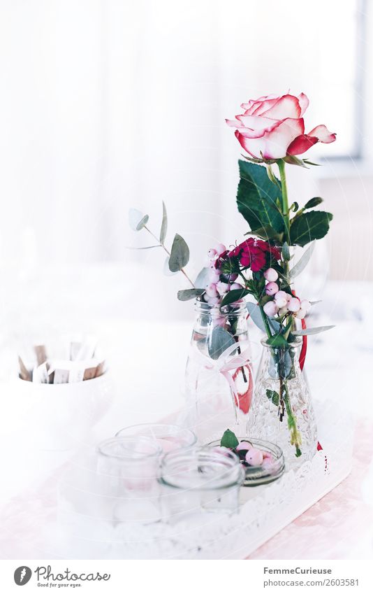 Floral wedding decoration Pflanze Rose Liebe Hochzeitstisch Dekoration & Verzierung Vase Glas Tablett weiß rosa Feste & Feiern Farbfoto Innenaufnahme