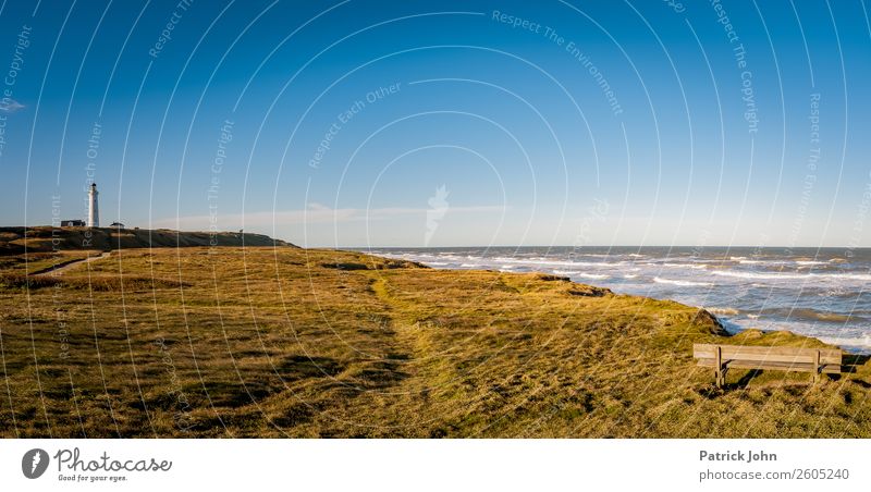 Dänemarks Küste Erholung ruhig Sonne Strand Meer Wellen wandern Landschaft Wolkenloser Himmel Herbst Wind Wiese Nordsee Hirtshals Menschenleer Leuchtturm