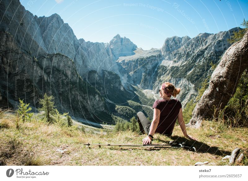 Wanderin in den Alpen Berge u. Gebirge wandern feminin Junge Frau Jugendliche 1 Mensch 18-30 Jahre Erwachsene Schönes Wetter Felsen Triglav Nationalpark Gipfel