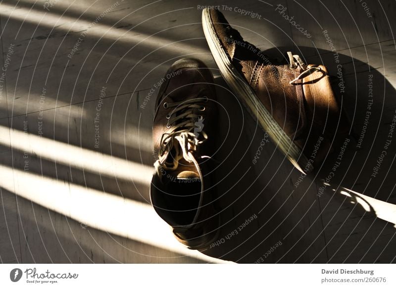 Streitpunkt: Flurordnung Leder Schuhe braun schwarz weiß Schuhbänder alt Lichteinfall liegen Schuhpaar Lederschuhe Farbfoto Innenaufnahme Tag Schatten Kontrast