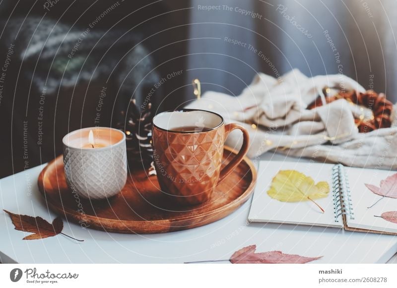 gemütlicher Herbst- oder Wintermorgen zu Hause. Frühstück Tee Lifestyle Erholung Tisch Buch Landschaft Blatt Holz heiß natürlich braun Geborgenheit bequem