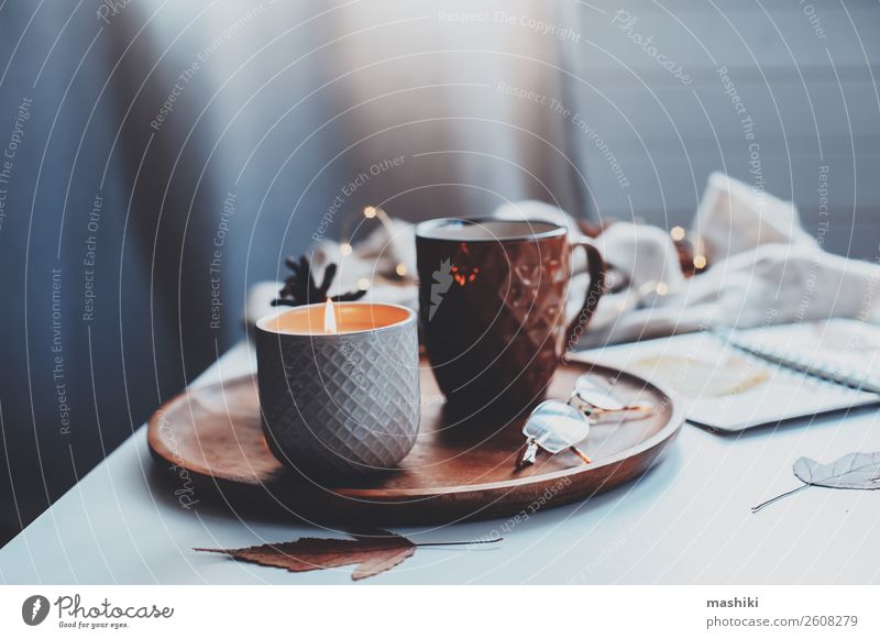 gemütlicher Herbst- oder Wintermorgen zu Hause. Frühstück Tee Lifestyle Erholung Dekoration & Verzierung Tisch Buch Landschaft Holz heiß natürlich braun