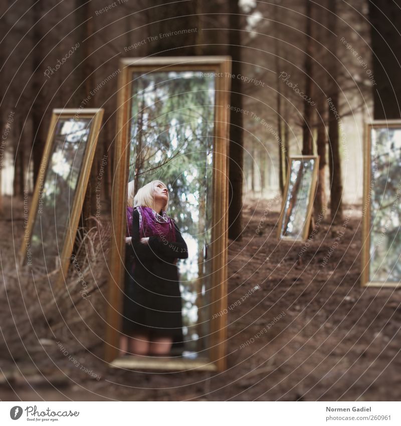 Spiegelbild Junge Frau Jugendliche Körper 18-30 Jahre Erwachsene Kunst Kunstwerk Natur Baum Wald Rock blond schön spiegel licht mädchen surreal konzept