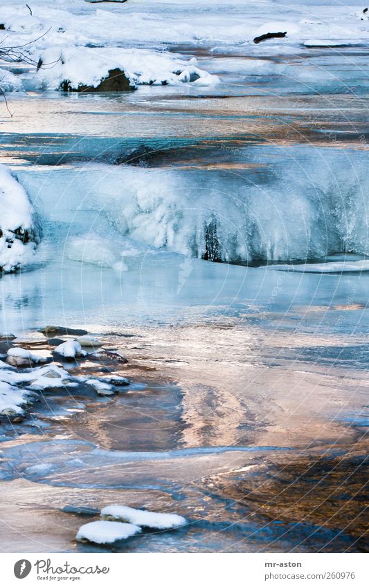 Icy Water 3 Umwelt Natur Landschaft Urelemente Wasser Winter Eis Frost Schnee Bach Stein ästhetisch kalt nass blau schwarz weiß ruhig Farbfoto Außenaufnahme