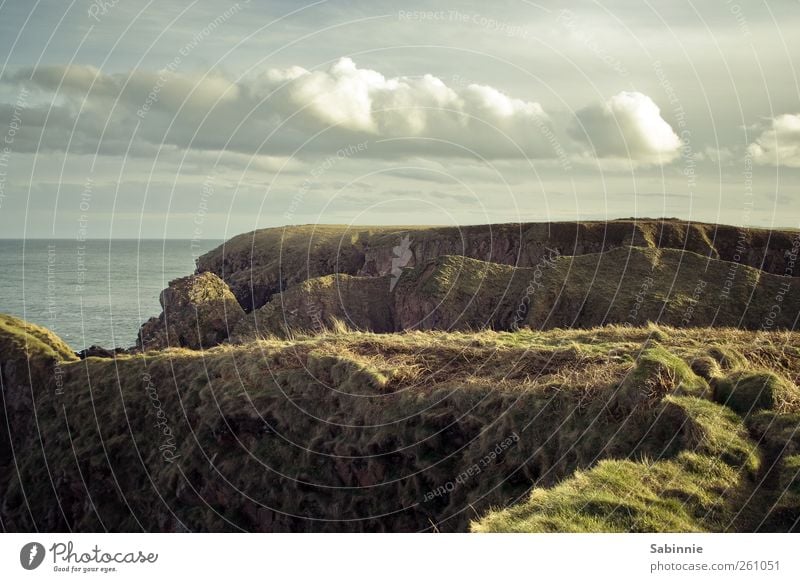 Bullers of Buchan Natur Landschaft Urelemente Erde Himmel Wolken Sonne Gras Felsen Wellen Küste Seeufer Meer Klippe Aberdeen Schottland frei natürlich wild