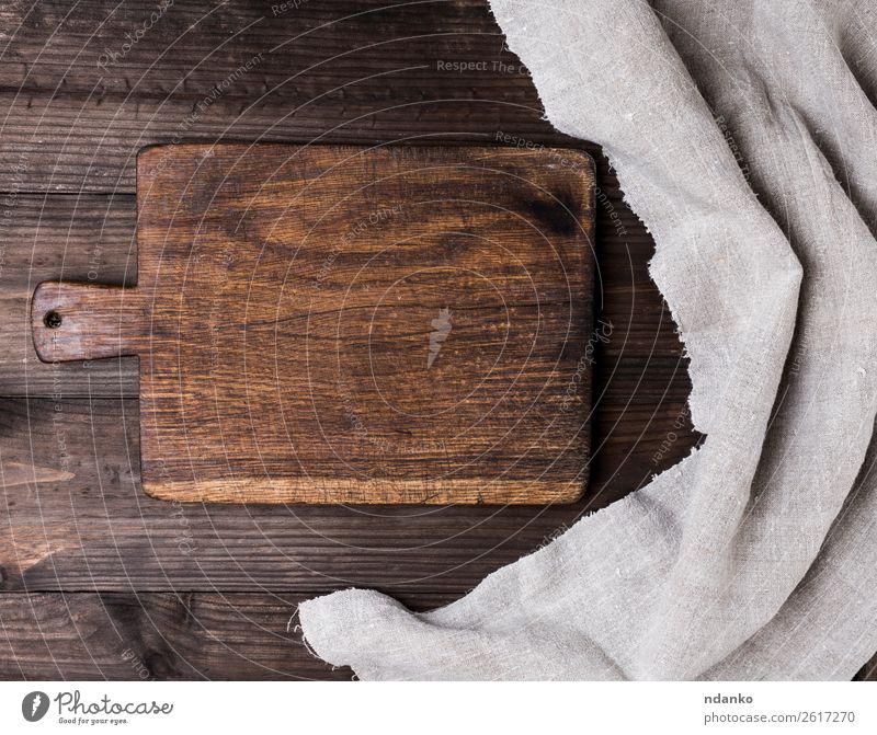 leere Küche braunes Schneidebrett Tisch Natur Holz alt retro Hintergrund blanko Holzplatte zerkleinernd Koch Essen zubereiten geschnitten Lebensmittel Grunge