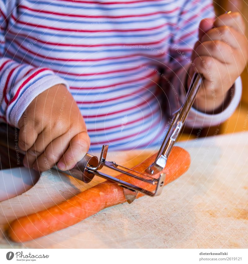Kinderhände schälen eine Möhre Gemüse Ernährung Essen Bioprodukte Vegetarische Ernährung Kindererziehung Kindergarten lernen Koch Kleinkind Mädchen Junge