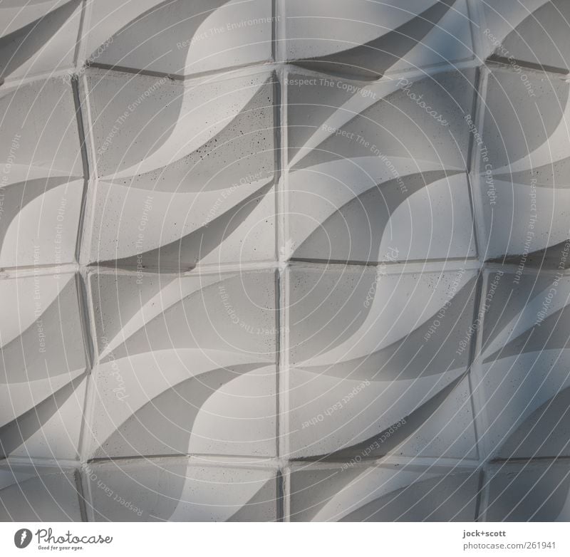 Wellenform im Quadrat Wandverkleidung Relief Realismus Fassade Beton Ornament elegant retro grau Inspiration geschwungen Fuge DDR Schattenspiel dreidimensional