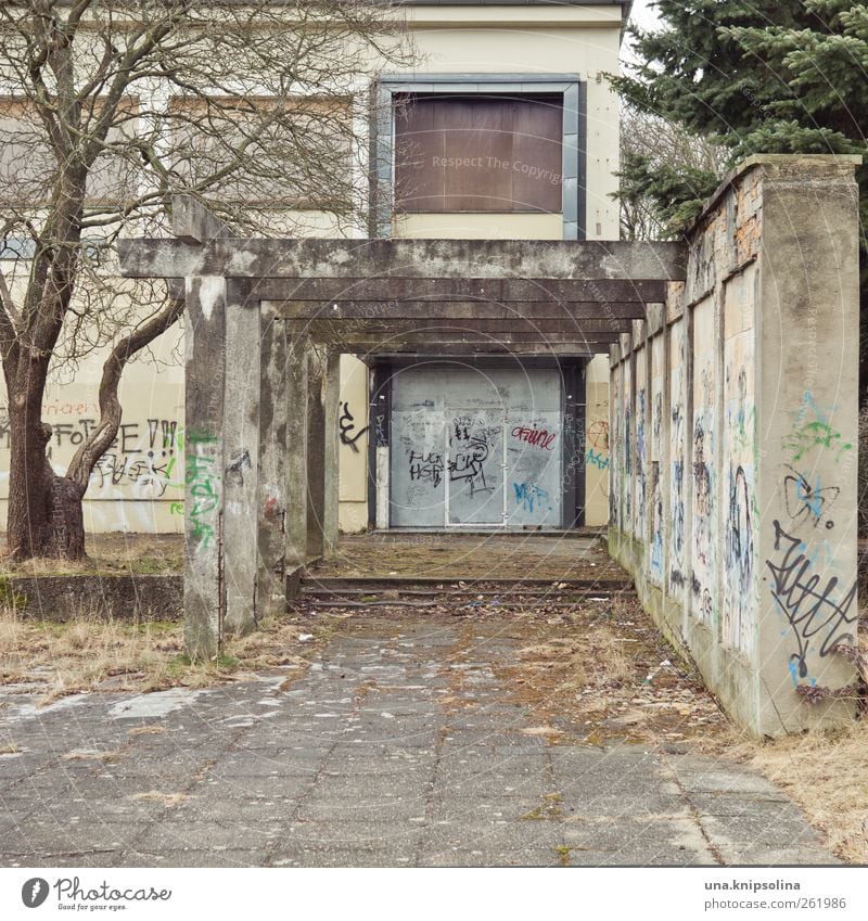 kultur Hoyerswerda DDR Stadtrand Ruine Gebäude Mauer Wand Fenster Tür Pergola Beton Graffiti alt dreckig kaputt trist Sorge stagnierend Stimmung Verfall