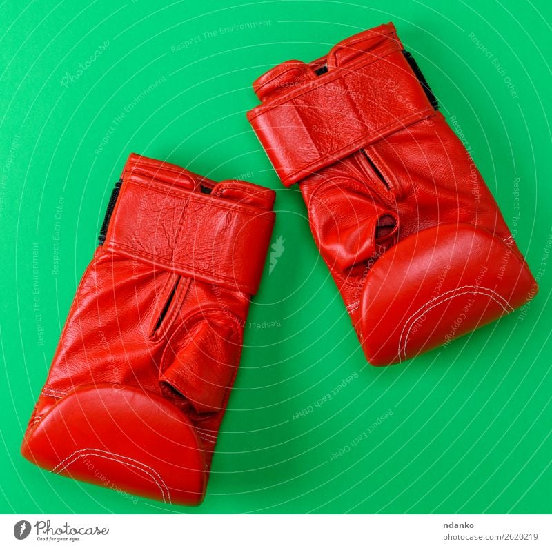 Paar Sportleder Leder Boxhandschuhe aus Leder Lifestyle Fitness Handschuhe oben grün rot Schutz Farbe Konkurrenz Kreativität Hintergrund Kasten Boxer Boxsport