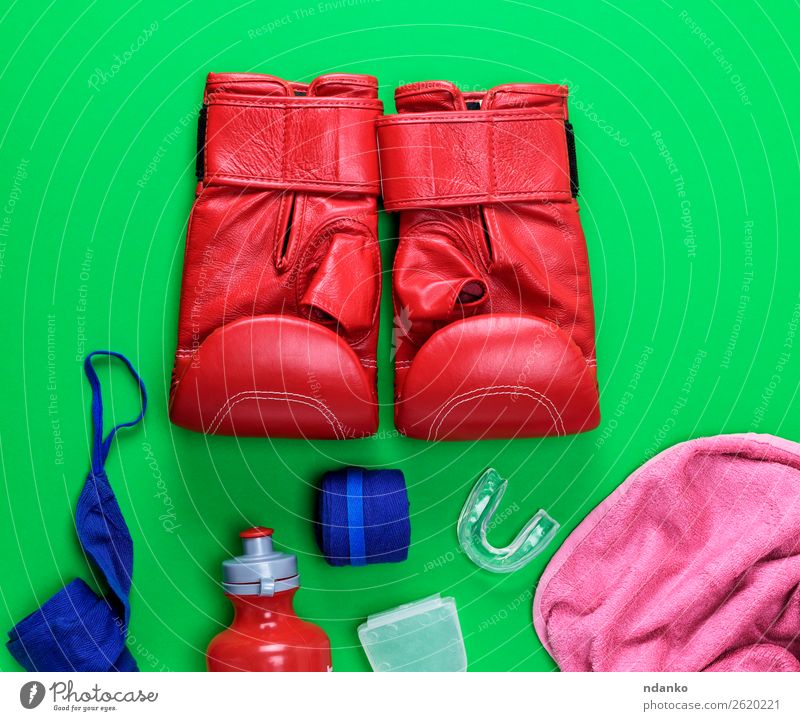 rote Leder-Boxhandschuhe, eine Plastik-Wasserflasche. Flasche Fitness Sport Erfolg Handschuhe oben blau grün rosa Macht Schutz Idee Konkurrenz Kreativität