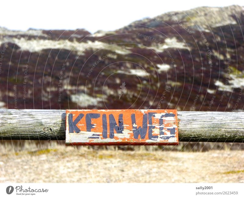 KEINWEG... Landschaft Düne Wege & Pfade alt orange Verbote Schilder & Markierungen Durchgang Schriftzeichen abblättern Balken Handschrift gemalt Hinweisschild