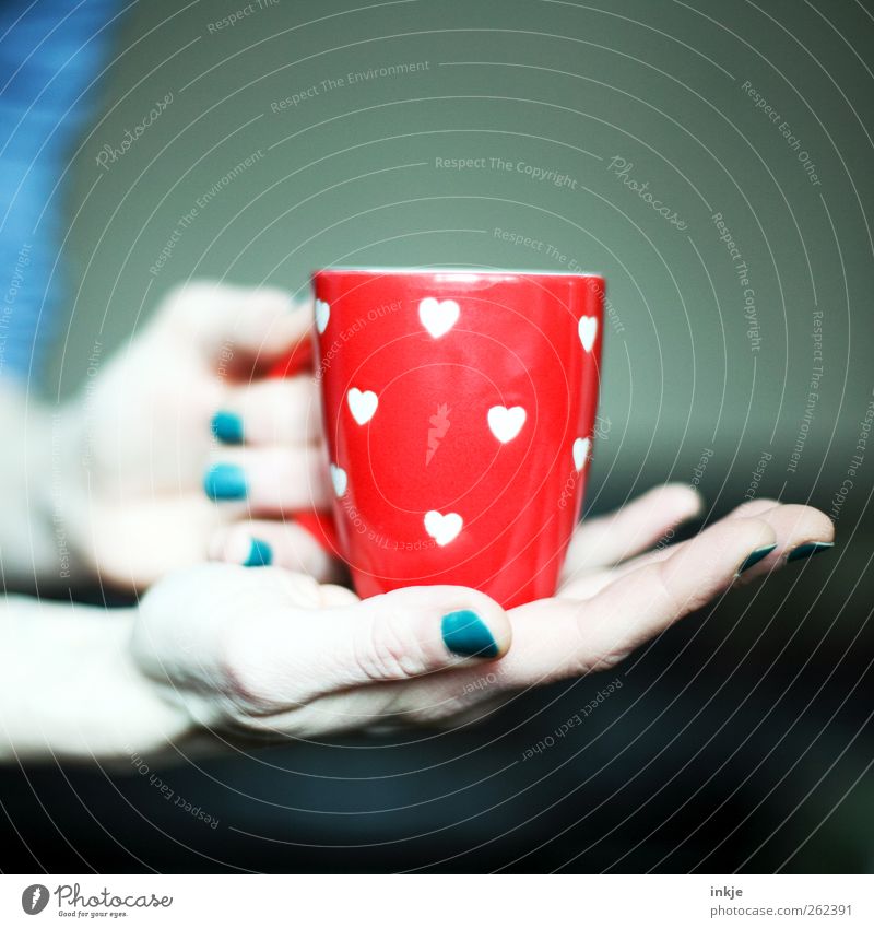 Die Tasse, die nicht zum Nackellack passen wollte Frühstück Getränk Heißgetränk Kaffee Tee Becher Stil Nagellack Erwachsene Leben Hand 1 Mensch Herz festhalten