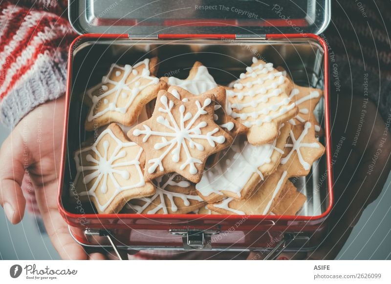 Weihnachtsplätzchen in einer Kinder-Lunchbox Dessert Mittagessen Dekoration & Verzierung Weihnachten & Advent Hand Menschengruppe Baum Metall lecker braun