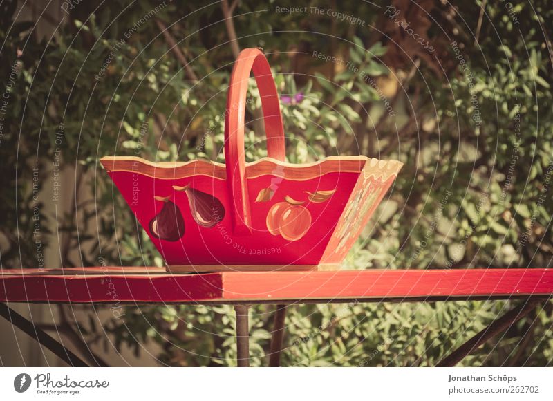 Das Körbchen auf dem Tischchen Pflanze Sträucher ästhetisch Kitsch schön Glück Zufriedenheit Korb Schalen & Schüsseln Holz rot grün Komplementärfarbe Handarbeit