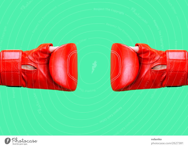 zwei weibliche Hände tragen einen roten Lederboxhandschuh. Sport Frau Erwachsene Hand Handschuhe Fitness Kommunizieren Zusammensein grün Schutz Stress Farbe