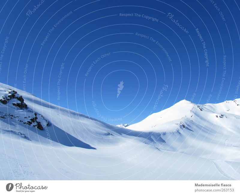 Berggrat im Schnee Wolkenloser Himmel Sonnenlicht Winter Schönes Wetter Felsen Alpen Berge u. Gebirge blau weiß Abenteuer anstrengen Zufriedenheit Bewegung