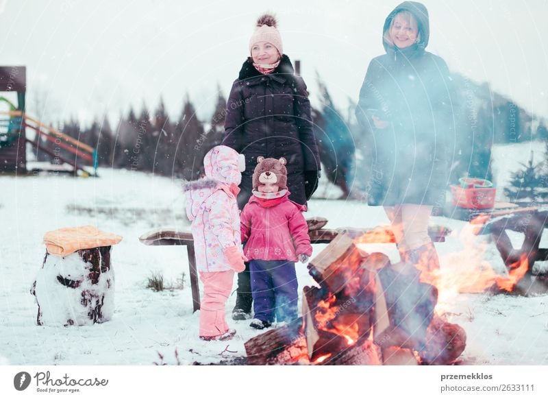 Die Familie verbringt im Winter Zeit im Freien. Eltern mit Kindern versammeln sich um das Lagerfeuer und bereiten Marshmallows und Snacks vor, die mit Holzstöcken über dem Lagerfeuer geröstet werden.