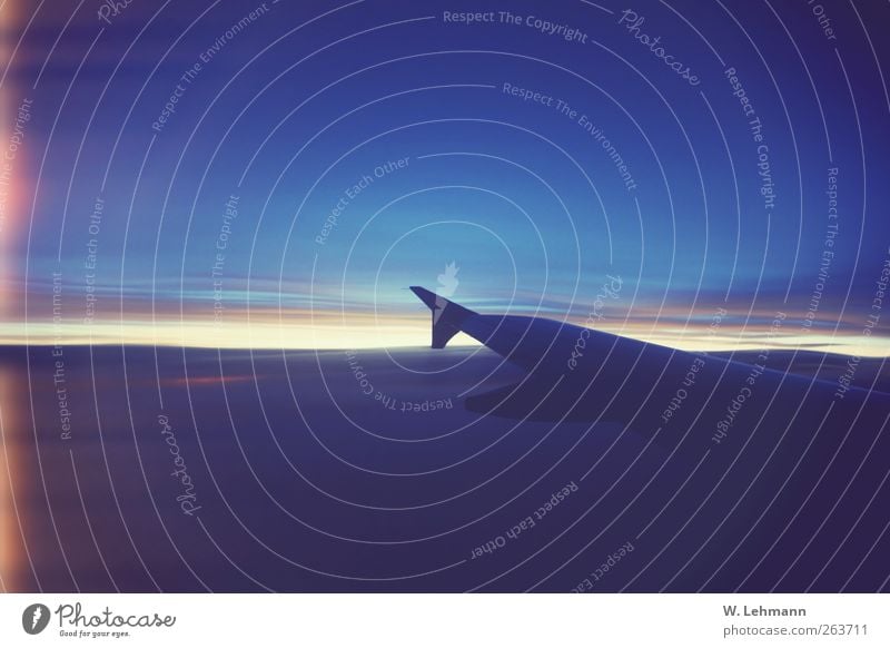 L Flugzeug Farbfoto Außenaufnahme Menschenleer Dämmerung Flugzeugausblick über den Wolken Tragflächenspitze Unschärfe blau Himmel Wolkendecke