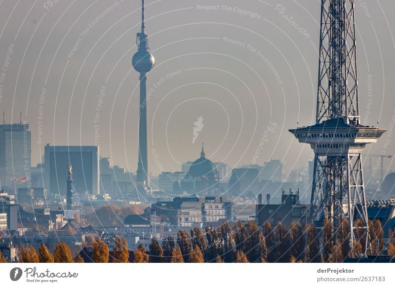 Herbstliche Panoramaaussicht auf Berlin II Zentralperspektive Starke Tiefenschärfe Sonnenstrahlen Sonnenlicht Schatten Licht Morgen Textfreiraum Mitte