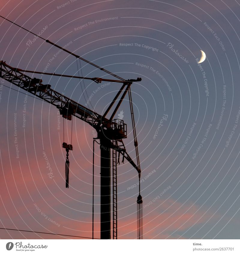 nu is auch ma gut für heute Arbeit & Erwerbstätigkeit Arbeitsplatz Baustelle Kran Himmel Wolken Mond Schönes Wetter Abenddämmerung Stahl Linie Romantik