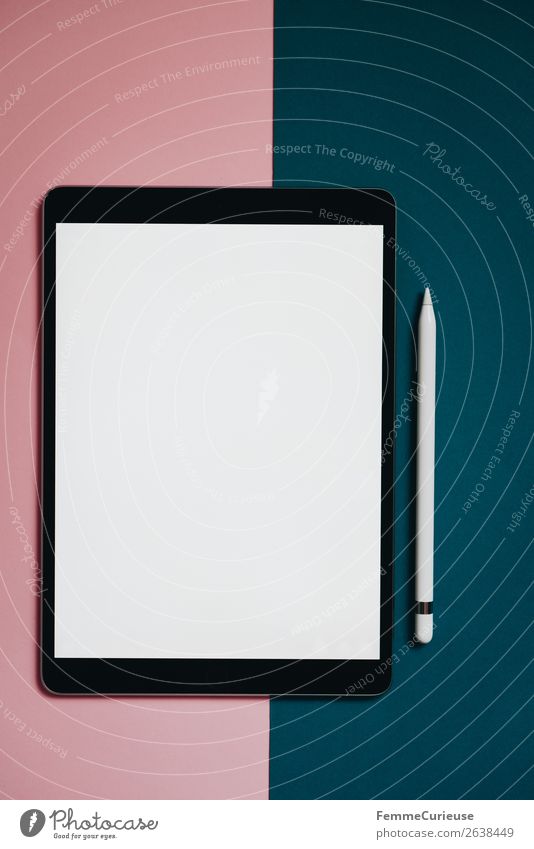 Tablet on pink and dark turquoise background Technik & Technologie Unterhaltungselektronik Fortschritt Zukunft Internet Schreibwaren Papier Kreativität Design