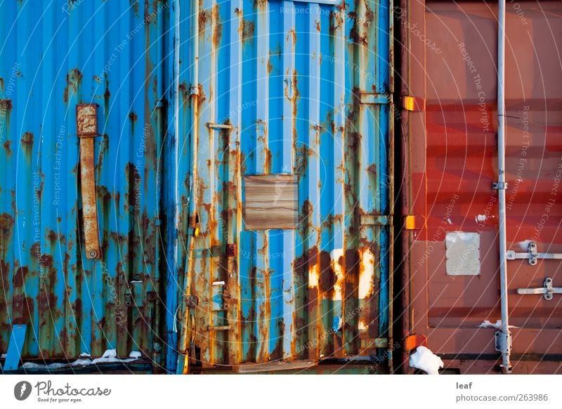 Zusammenfassung der Transportbehälter Stil Design Industrie Container Stahl Rost alt dreckig blau rot Konsistenz Metall Rust Spedition Element verwittert