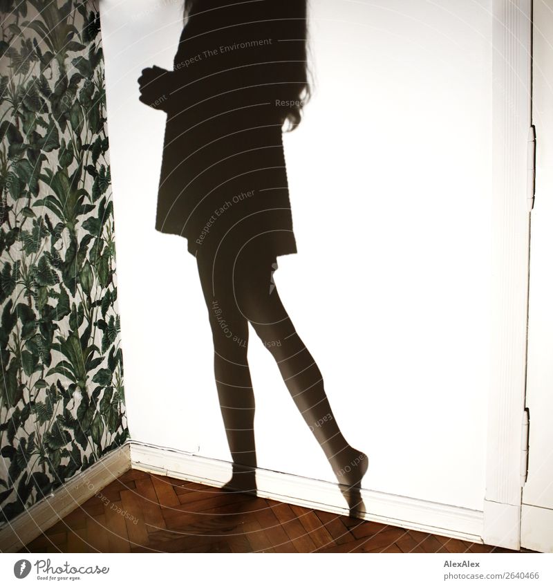 Schattenbild einer jungen Frau Lifestyle Dekoration & Verzierung Tapete Pflanze Muster Parkett Nachtleben Junge Frau Jugendliche Beine Türrahmen Wand Barfuß