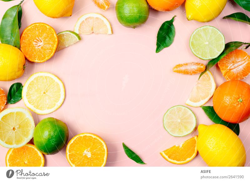 Zitrusfrüchte Rahmen auf rosa Hintergrund Frucht Ernährung Getränk Limonade Saft Sommer Blatt frisch oben gelb grün Zitrone Kalk orange Mandarine trinken