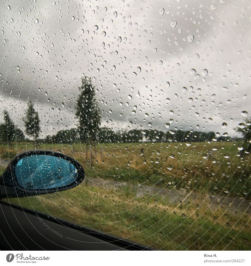 HeimFahrt Landschaft Wolken Sommer schlechtes Wetter Regen Baum Wiese fahren dunkel trist Glasscheibe Wassertropfen Farbfoto Textfreiraum links Tag Autofenster