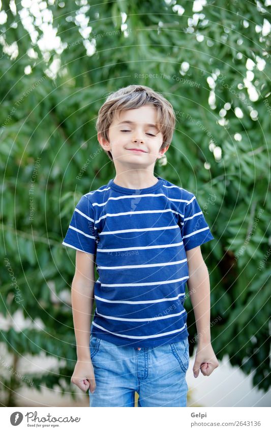 Entspanntes Kind mit geschlossenen Augen, das im Garten träumt Glück schön Gesicht Windstille Spielen Schule Mensch Baby Junge Mann Erwachsene Kindheit Hand