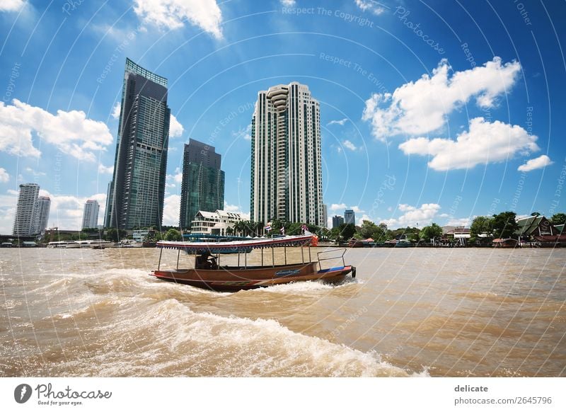 Bangkok Umwelt Schönes Wetter Wellen Flussufer Stadt Hauptstadt Stadtzentrum Skyline Hochhaus Bankgebäude Brücke Bauwerk Gebäude Architektur Sehenswürdigkeit