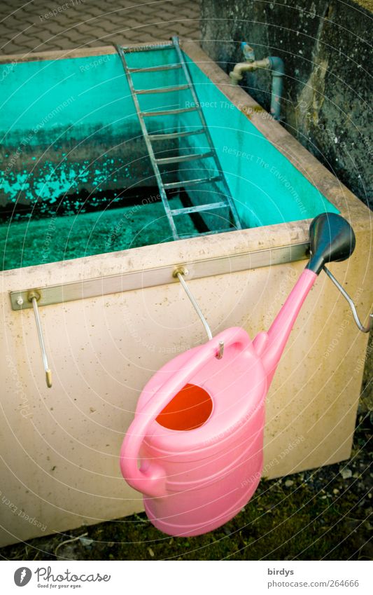 Farbenfrohe Zapfstelle Gartenarbeit leuchten warten authentisch einzigartig Kitsch rosa Stimmung Gießkanne Wasserstelle Wasserhahn Leiter türkis Haken Becken