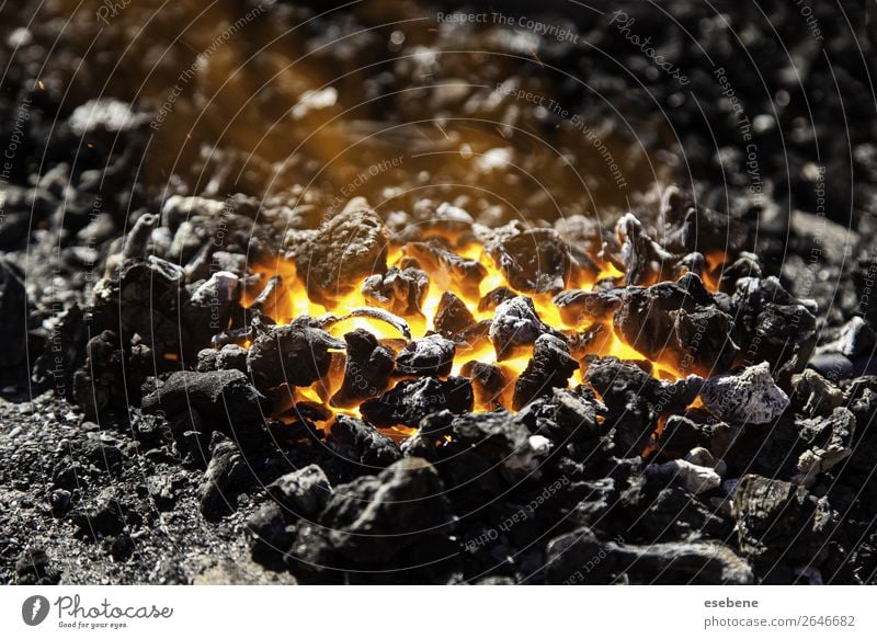 Roter heißer Kohlenstoff in einer Kohle zum Kochen Sommer Wärme hell gelb rot schwarz Energie Farbe Feuer Holz brennend Glut Hintergrund Holzkohle erwärmen