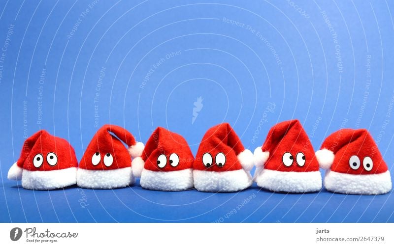weihnachtsteam blau IV Mütze lustig rot weiß mehrere Nikolausmütze Weihnachten & Advent Auge Team Weihnachtsmann Farbfoto mehrfarbig Studioaufnahme Nahaufnahme
