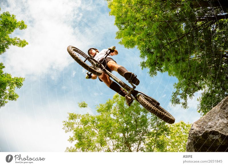 Radfahrer Extremsprung von einem Felsen aus Freiheit Sommer Berge u. Gebirge Sport Fahrradfahren Mann Erwachsene Natur Baum Wald springen frei stark Reiter