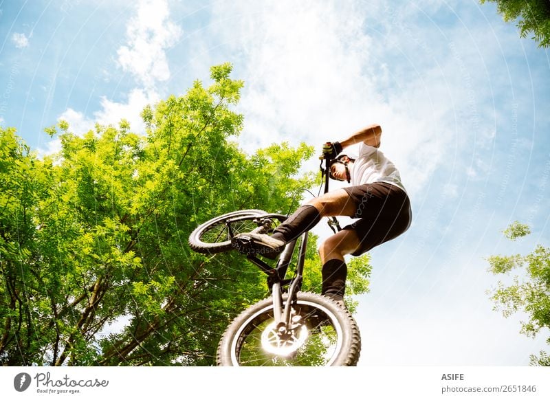 Radfahrer Extremspringen Freiheit Sommer Berge u. Gebirge Sport Fahrradfahren Mann Erwachsene Natur Baum Wald Felsen frei stark Reiter extrem jung
