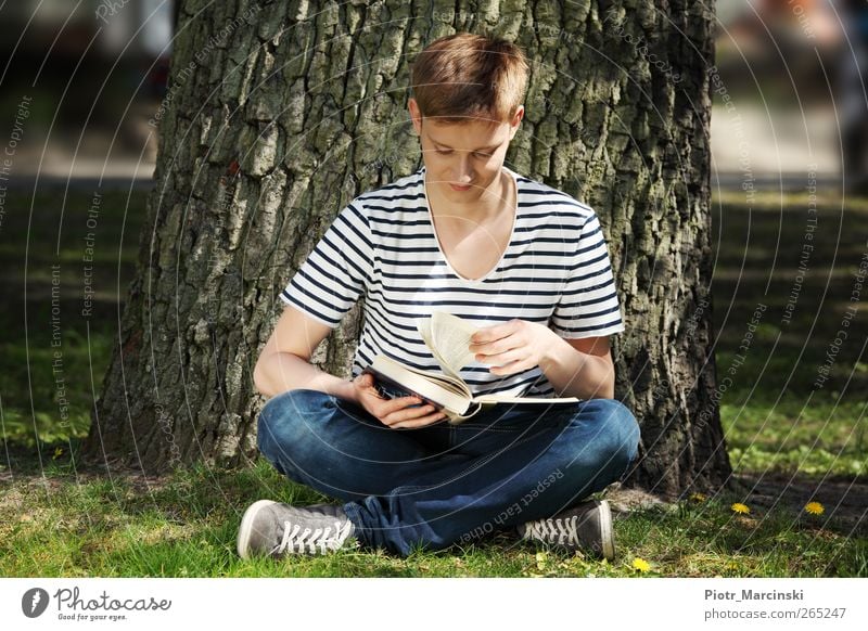 Teenager-Junge liest ein Buch Lifestyle lesen Sommer Sonne Garten Bildung lernen Student Mensch Junger Mann Jugendliche Leben 1 18-30 Jahre Erwachsene Baum Gras