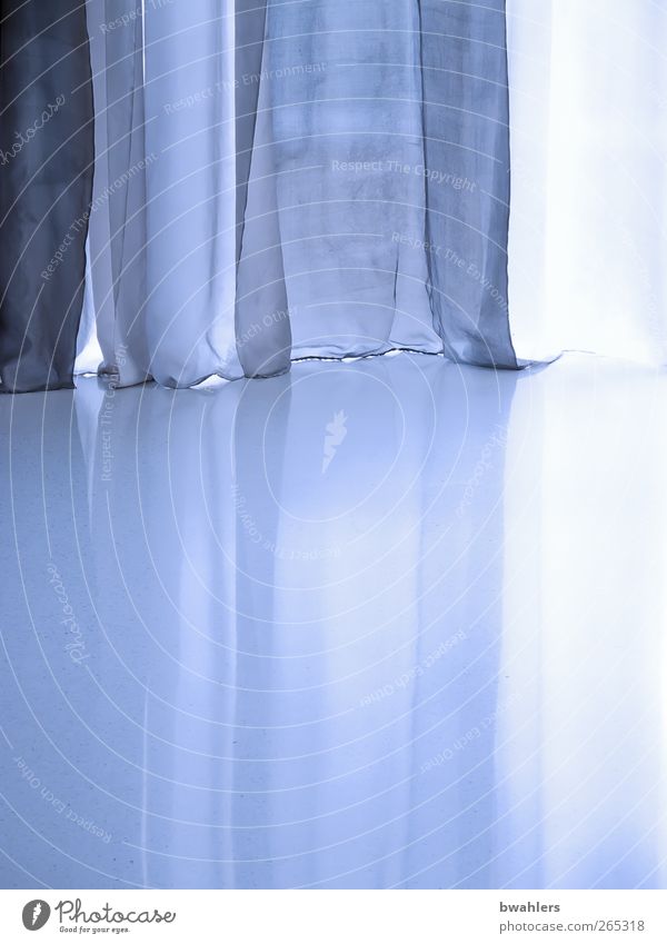der Vorhang Haus Bauwerk Fenster blau Faltenwurf durchscheinend Farbfoto Gedeckte Farben Innenaufnahme Detailaufnahme Textfreiraum unten Licht Schatten