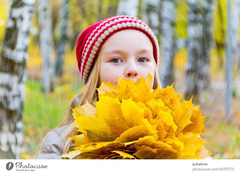 Mädchen mit Blumenstrauß aus Laken Kräuter & Gewürze Kind Schulkind Frau Erwachsene Kindheit 1 Mensch Pflanze Herbst Blatt Hut blond niedlich rot weiß Dame