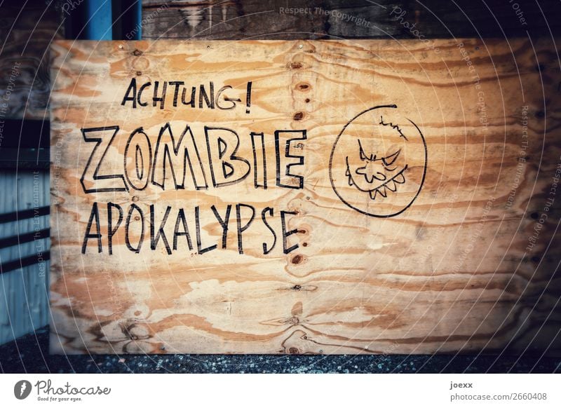 Graffity auf Holz: ACHTUNG! Zombie Apokalypse Zeichen Schriftzeichen Schilder & Markierungen Hinweisschild Warnschild Graffiti Aggression Warnhinweis Warnung