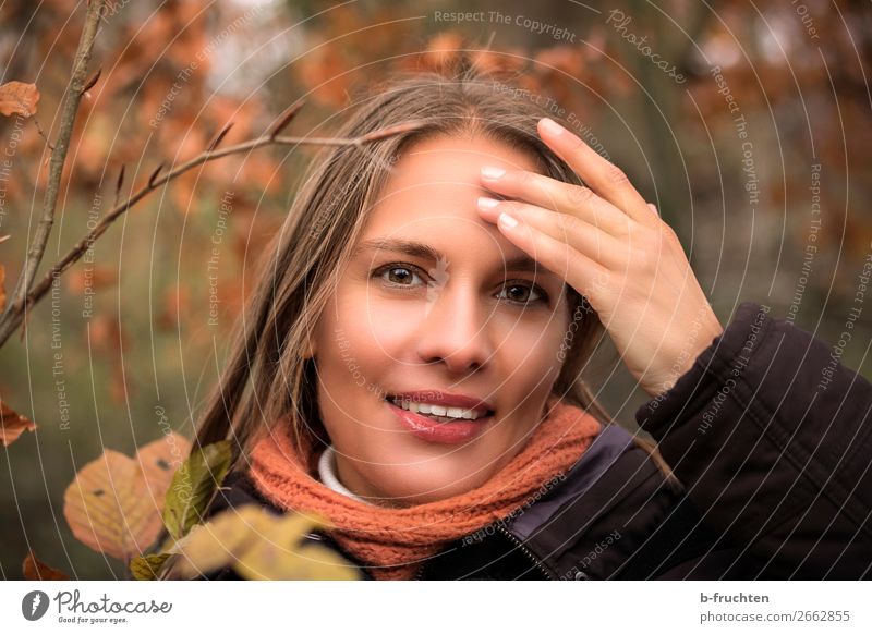 hübsche Frau mit Hand auf der Stirn, Herbstlaub Erwachsene Gesicht 1 Mensch Pflanze Blatt Park Wald berühren Bewegung Fröhlichkeit Glück schön positiv orange