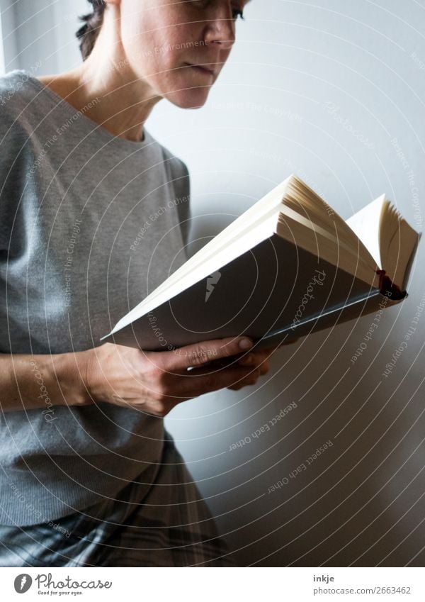 Lesen 4 Farbfoto grau Frau Erwachsene Pullover seriös lesen Buch schwer Bildung interessant Erwachsenenbildung lernen Mensch Spießer frontal Nahaufnahme halten