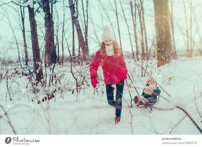 Teenagermädchen zieht mit ihrer kleinen Schwester Schlitten durch den Wald. Lifestyle Freude Glück Winter Schnee Winterurlaub Mensch Kind Mädchen Junge Frau
