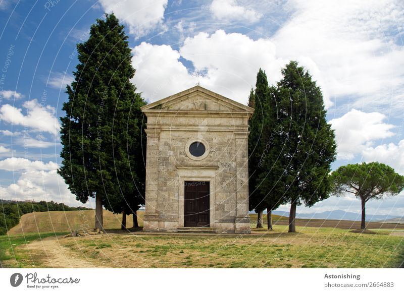 die bewachte Kapelle Umwelt Natur Landschaft Pflanze Himmel Wolken Sommer Wetter Baum Gras Hügel Siena Toskana Italien Haus Kirche Bauwerk Gebäude Mauer Wand