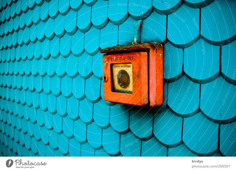 alter roter Feuermelder auf einer blauen verschindelten Hauswand feuerrot blaue Hauswand Wand Feueralarm Fassade leuchten ästhetisch außergewöhnlich lang retro