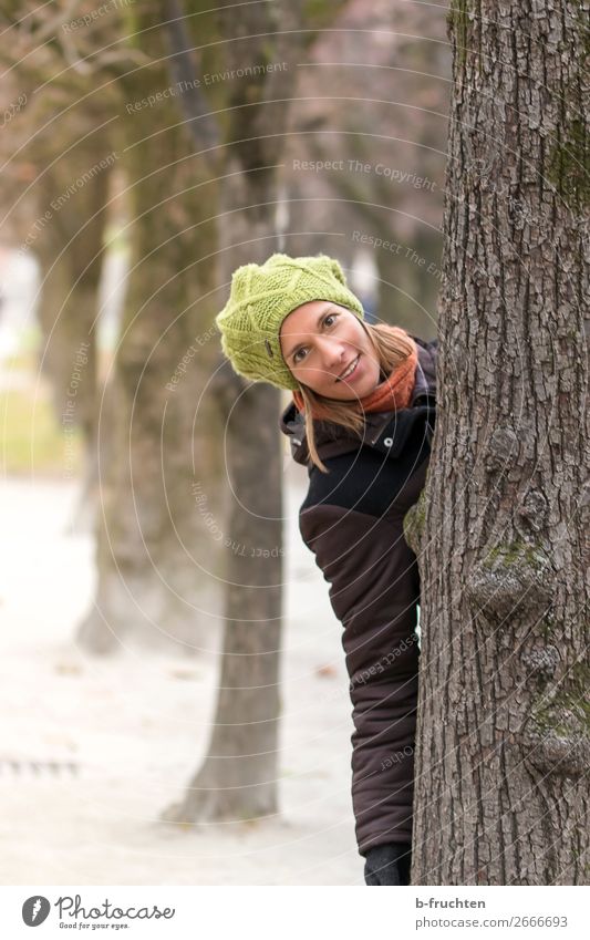 Frau schaut hinter einem Baum hervor Erwachsene Gesicht 1 Mensch Herbst Park Mantel Schal Mütze brünett beobachten berühren hängen Kommunizieren Lächeln Blick